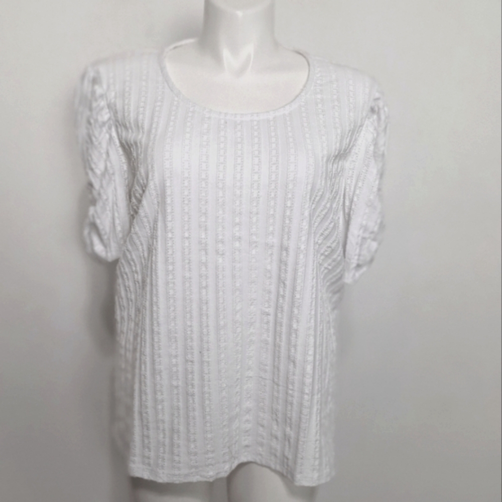 Cato Bright White Eyelet Stripe Sportswear Short Sleeve Blouse Size 26/28W
